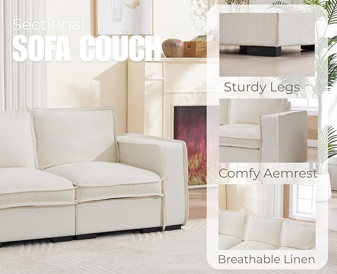 EALSON 119" Modular Sectional Sofa Comfy Cloud Couch with Ottoman Modern Convertible L Shape Couches with Wooden Legs Linen Deep Seat Couch 4-Seater Sofa with Ottoman for Living Room/Apartment,White