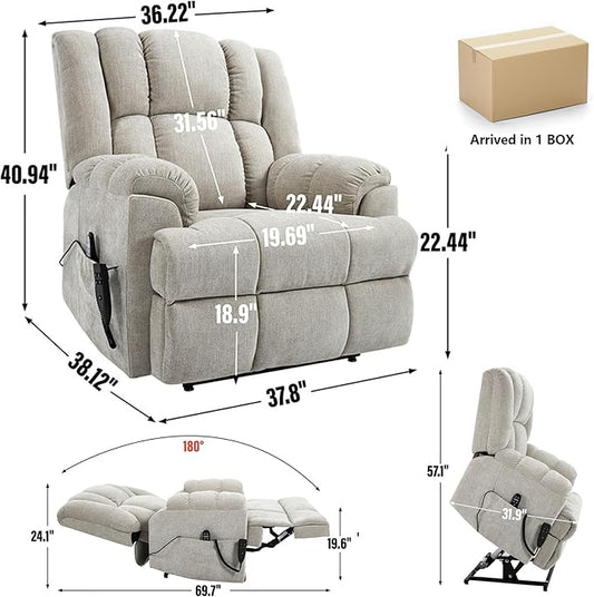 Power Lift Recliner Chair for Elderly, Oversized Chenille Electric Recliners Chairs for Living Room, Dual Motor 180° Lay Flat Recliner Big Sofa with Massage and Heating, Heavy-Duty, Beige
