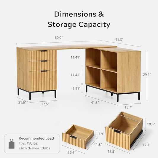 Fluted Executive Desk with Storage Cabinet, 60" Modern Flexible Home Office Desk, Large Wood Convertible Computer Standing Up Desk with File Drawer, L Shaped Writing Desk Natural Oak