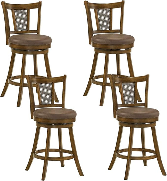 COSTWAY Counter Height Barstools Set of 4, 25” Solid Rubber Wood Swivel Counter Chairs with Faux Leather Seat, Curved PE Rattan Back, for Living Room & Kitchen Island, Brown (4, 25” Seat Height)