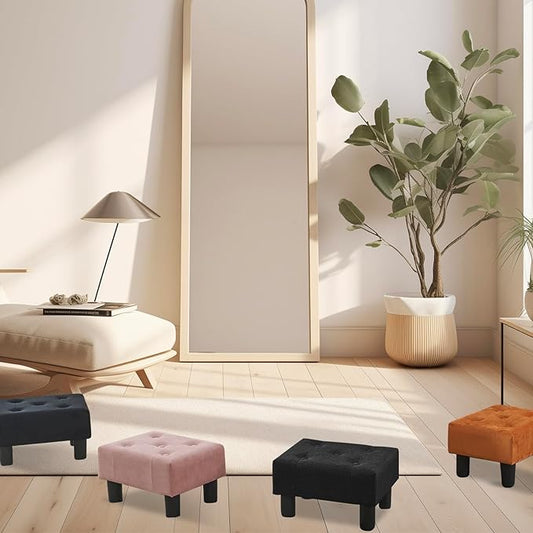Poofzy Small Foot Stool Ottoman, Linen Ottoman Foot Rest with Legs, Rectangle Foot Rest for Couch, Footstools and Ottomans Small for Living Room and Entryway (Black)