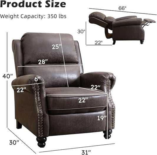 Push Back Recliner Chair Faux Leather Lounge Armchair with Rivet Decoration Wingback Single Sofa Chair with Padded Seat Solid Wood Legs for Living Room, Comfy Upholstered Set of 2, Dark Grey
