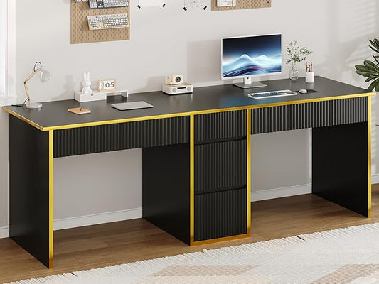 4 EVER WINNER 78.72‘’ Extra Long Black Desk with Drawers, 2 Person Desk with 5 Storage Drawers, Computer Desk with Storage Shelves,Double Desks Workstation with Shelf for Home Office, Black
