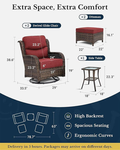 HILLGA Luxury Patio Furniture Set with 6-Inch Thick Cushions, High Back Outdoor Swivel Rocker Chairs and Ottoman, 5-Piece All Weather Conversation Set for Porch Deck Balcony Yard, Burgundy (V3)