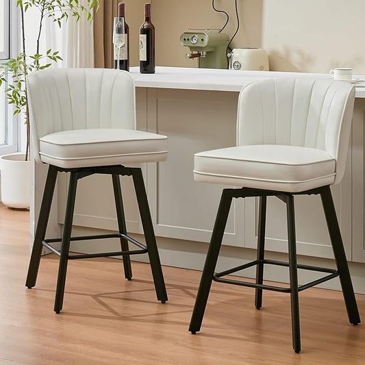 Swivel Counter Height Bar Stools Set of 2, 26'' Modern Barstools with Backs and Metal Legs, Upholstered Bar Chairs, Faux Leather White Stools for Kitchen Island Chairs