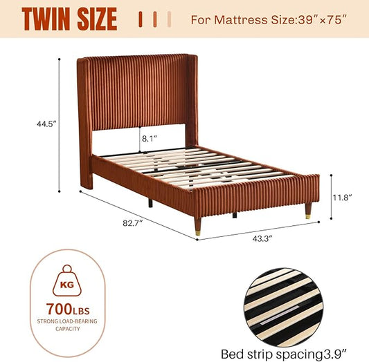 PINJU Twin Size Bed Frame, Upholstered Platform Bed with Modern Vertical Striped Wingback Headboard with Wooden Slats, Easy to Assemble No Noise Free (OCHER, Twin)
