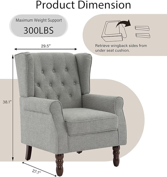 Lumibee High Back Accent Chair,Upholstered Wingback Armchair with Solid Wood Legs for Small Spaces,Comfy Single Sofa Chair for Living Room,Bedroom,Office-Light Gray