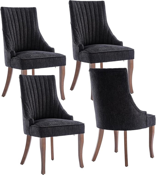 mikibama Linen Dining Chairs Set of 4 Channel Tufted Kitchen Dinner Chair Comfy Fabric Upholstered Accent Chair for Dining Room with Solid Wood Legs (Black 4pc)