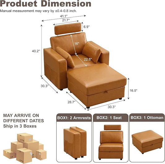 41.1" Accent Storage Sofa Chair with Ottoman, Faux Leather Living Room Chaise Lounge Chair with Headrest & Side Pockets, Modern Upholstered Comfy Arm Chairs, Sleeper Sofa, Reading Club Chairs, Brown