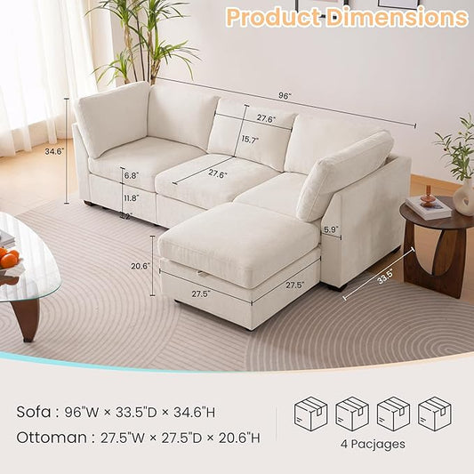 TEKAMON 96" Modular Sectional Sofa with Ottoman,Large Comfy Cloud 3-Seat Deep Seat,Reversible Chaise Modular Sectional Couches for Living Room and Apartmenr,Beige