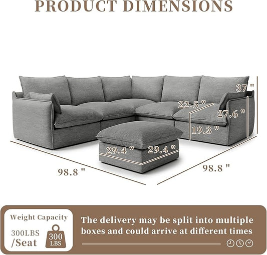 Waterproof Cloud Sectional Couches for Living Room,High Backrest Down Filled Couch,6 Seater Oversized Modular U-Shaped Sofas with Ottoman,Detachable Sofa Covers,Dark Grey