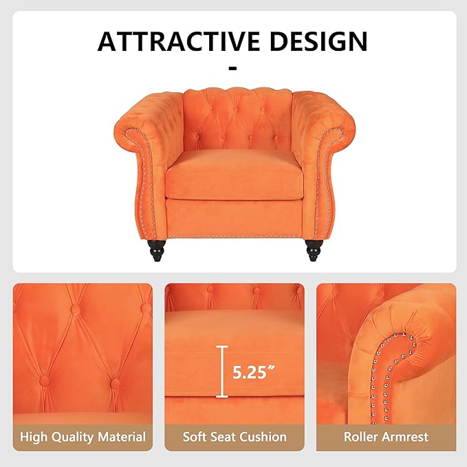 2 Piece Living Room Sofa Set, 3 Seater Velvet Sofa Couch and Chair Set, Mid Century Modern Upholstered Couch with Cushions, Comfy Tufted Chesterfield Couches for Living Room, Bedroom, Office