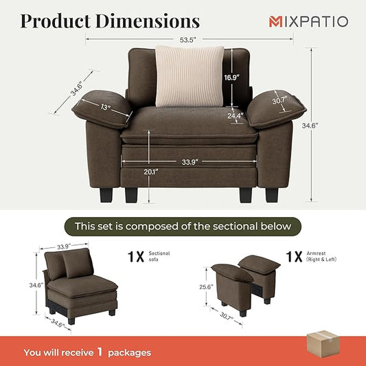 53.5" Cloud Modular Sectional Single Sofa, Deep Seat Armchair with Plush Chenille & Removable Arms for Living Room, Taupe