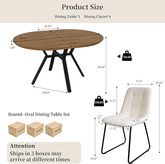 Extendable Round Dining Table Set for 4 People, 43.3"-59.1" Extendable Kitchen Table with 4 Upholstered Chairs, Space Saving for Kitchen Dining Room (Walnut Table+4 U-Shaped White Chairs)