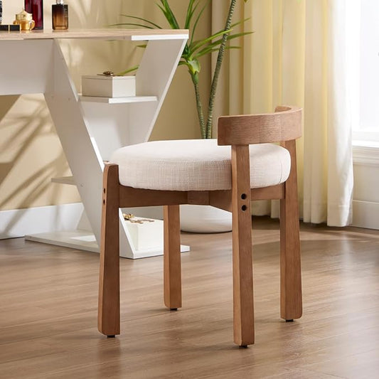 Modern Vanity Chair Upholstered Small Ottoman Footstool, Make Up Stool Linen Fabric with Backrest Wooden Frame for Living Room Bedrooms, 2PCS, Beige