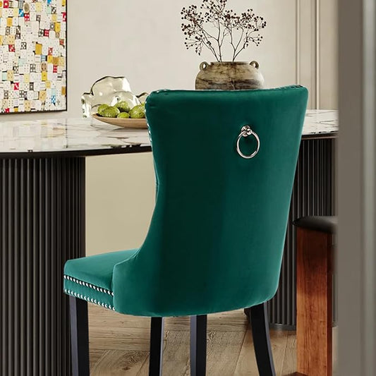Velvet Upholstered Dining Chairs Set of 6, Modern Style Kitchen Side Chairs with Nailhead Trim and Wood Legs,Metal Pulling Ring for Dining Room Living Room(Green,Set of 6)