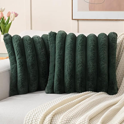 FUTEI Christmas Dark Green Decorative Throw Pillow Covers 18x18 Inch Set of 2, Square Soft Faux Rabbit Fur Thick Striped Cushion Cover,Winter Home Decor for Couch Bed Living Room