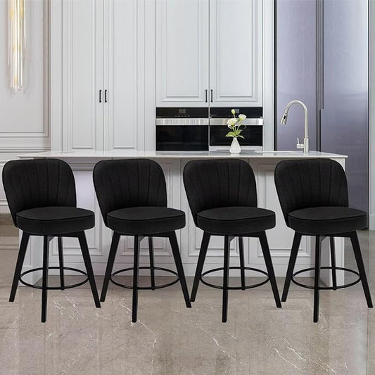 MINCETA Bar Stools Set of 4, 26 Inch Upholstered Barstools with Backrest and Footrest, Swivel Counter Height Barstools for Kitchen Island Home Bar Black