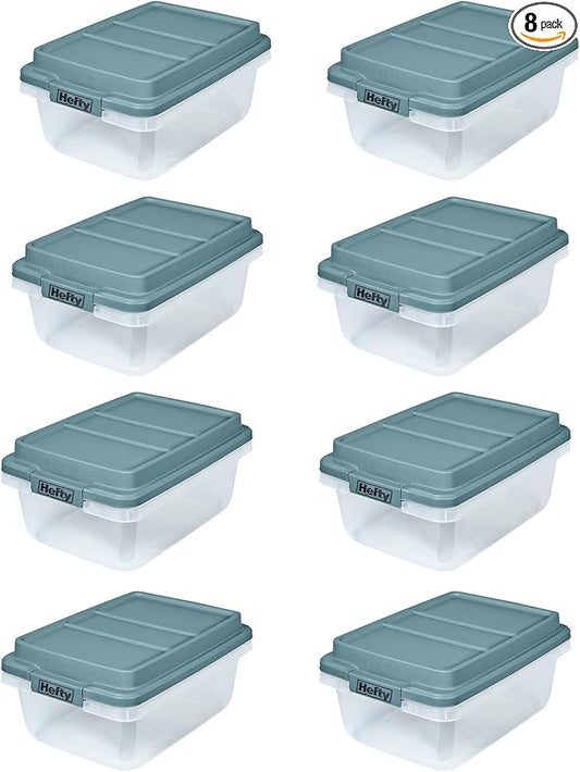 Hefty 18 Quart Hi-Rise Storage Bin with Lid, Stackable Plastic Container for Home, Office, and Classroom Organization, 8 Pack, Smoke Blue