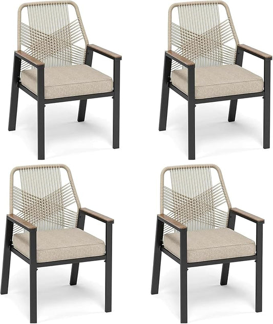 Patio Dining Chairs Set of 4, Heavy-Duty Woven Rope Outdoor Chairs with Waterproof Cushion and Wrought Iron Frame, All-Weather Outside Seating for Kitchen Garden Deck Backyard