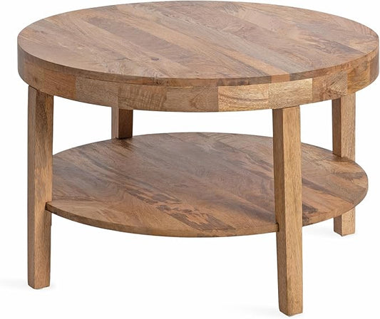 Kate and Laurel Talcott Tiered Modern Round Coffee Table, 28 x 28 x 18, Natural Wood, Transitional Two-Tier Circle Living Room Table with Storage and Mango Wood Construction