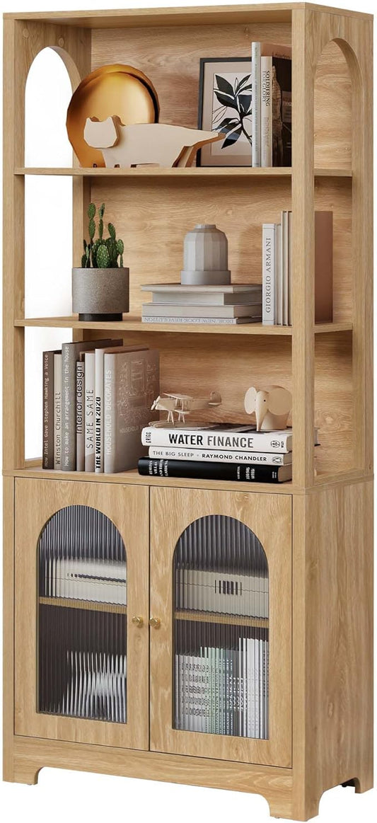 RARZOE 71" Tall Bookshelf and Bookcase, 5-Tier Arched Bookshelf with Glass Doors, Floor Standing 5 Shelf Book case, Wood Display Cabinet Storage Organizer for Living Room, Bedroom, Office(Natural)