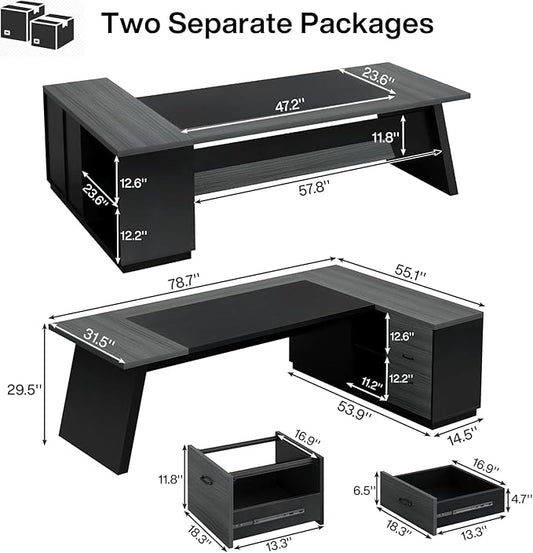 Tribesigns 78" L-Shaped Executive Desk, Large Modern Office Desk with Drawers and Lateral File Cabinet, Business Furniture with Storage Shelves, Big Computer Desk for Home Office (Grey + Blcak)
