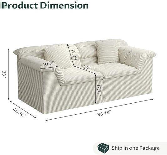 88" Sofa with Deep Seats Oversize, 3 Seater Cloud Couches, Upholstered Corduroy Couch for Living Room Bedroom, No Assembly Required, Beige