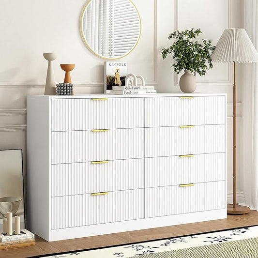 8 Drawer Dresser for Bedroom, Modern Fluted Double Dresser, 55" Wide Chest of Dressers, Wooden Beside Table for Closet, Living Room and Entryway, White