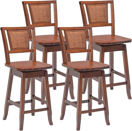 COSTWAY Bar Stools Set of 4, 24.5 Inch Counter Height Bar Stool with Rattan Back, 360°Swivel Seat, Comfortable Footrests, Rubber Wood Bar Stools for Kitchen Island, Dining Room, Cafe, Pub (4)
