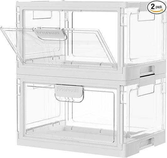 Vtopmart 2 Pack Clear Stackable Storage Bins with Lids 24QT, Foldable Storage Boxes with Doors Open Front, Plastic Closet Organizer for Craft, Toys, Pantry Organization