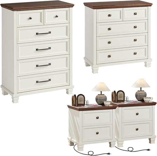 Farmhouse Bedroom Dresser and Nightstand Set of 4, 6 Drawer Tall & 5 Drawers Dresser & 2 Drawer Nightstand Set, Rustic Wood Bedroom Furniture Set for Livingroom, Hallway, White