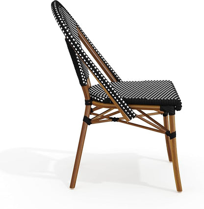 Martha Stewart Lily Pond Indoor-Outdoor Stackable Bistro Chairs with Natural Woodgrain Aluminum Frame Finish, Black/White Woven Rattan Backrests/Seats, Set of 2