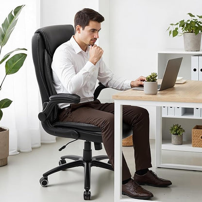 Ergonomic PU Leather Office Chair with Flip-Up Armrests, Reclining Backrest, Adjustable Height & Tilt Tension, Thick Padded Seat, Breathable Leather, 300LBS Capacity Executive Desk Chair,Black