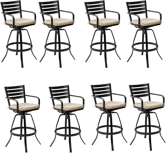 Pellebant 29.5" Outdoor Bar Stools Set of 8, Aluminum Swivel Patio Bar Height Stools with Footrest & Backrest,Rust-Proof Patio Stool Chairs for Deck Lawn Garden,Beige