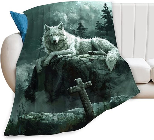 Wolf Christian Throw Blanket - Gifts and Decor for Women Men Adults - Soft Warm Cozy Fleece for Couch Sofa Bed 50"x40"