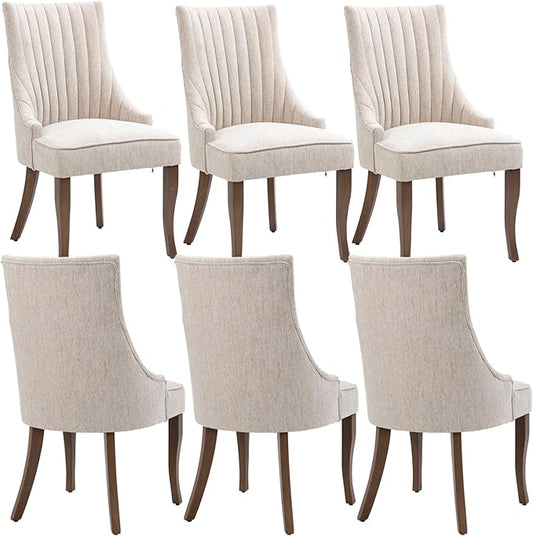 mikibama Linen Dining Chairs Set of 6 Channel Tufted Kitchen Dinner Chair Comfy Fabric Upholstered Accent Chair for Dining Room with Solid Wood Legs (Beige 6pc)