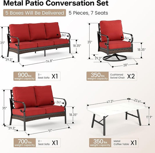 5 Piece Metal Outdoor Patio Furniture Set, Patio Conversation Setsv with 3-Seater Sofa, Loveseat, 2 Fixed Sofa (5.75" Thick Cushion) & Coffee Table Black Backyard Furniture, Rust Red