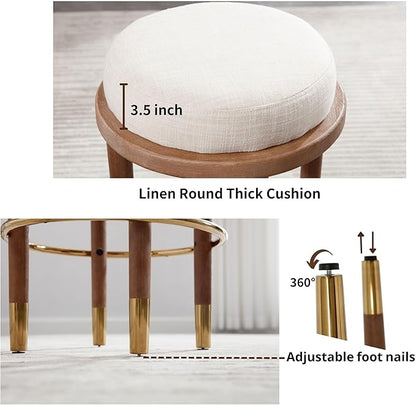 26’’ Rustic Backless Bar Stools with Metal Gold Footrest Counter Height Barstools Set of 4 Modern Round Farmhouse Beige Linen Upholstered Wooden Stools with Natural Solid Wood Legs for Kitchen Island