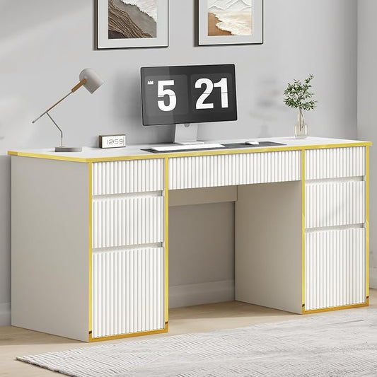 58 Inch White Desk with 7 Drawers, White and Gold Computer Desk with File Drawers for Bedroom, Home Office Desk for Study, Living Room