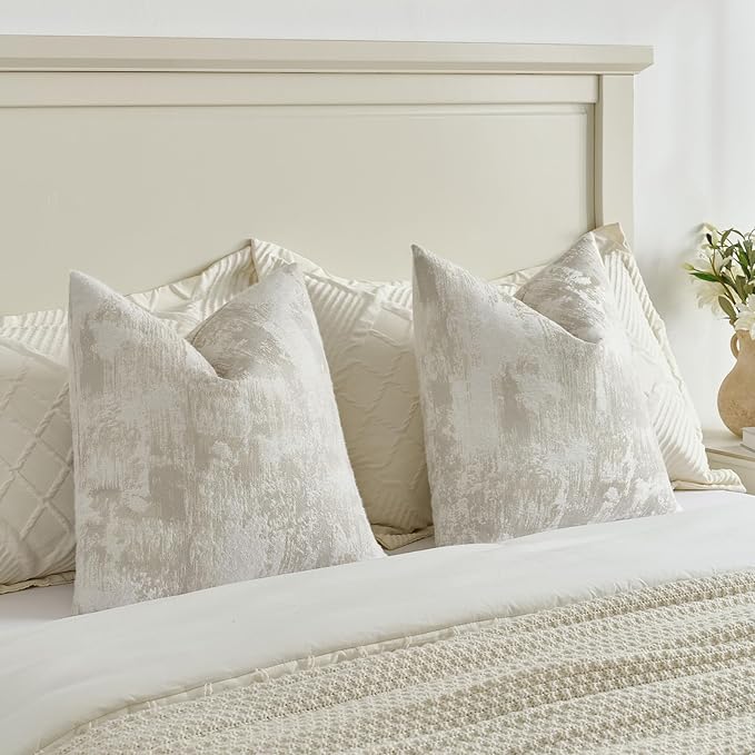 FUTEI Beige White Decorative Throw Pillow Covers 24x24 Inch Set of 2,Soft Faux Cashmere Jacquard - Textured & Cozy Euro Pillow Shams,Modern Home Decor for Couch Bed Living Room