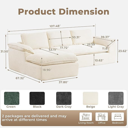 Modular Sectional Sofa, 107.5" L-Shaped Boneless Couch with Deep Seat, Modern Minimalist Upholstered Cloud Sectional Couch for Living Room Bedroom, No Assembly Required, Beige Corduroy