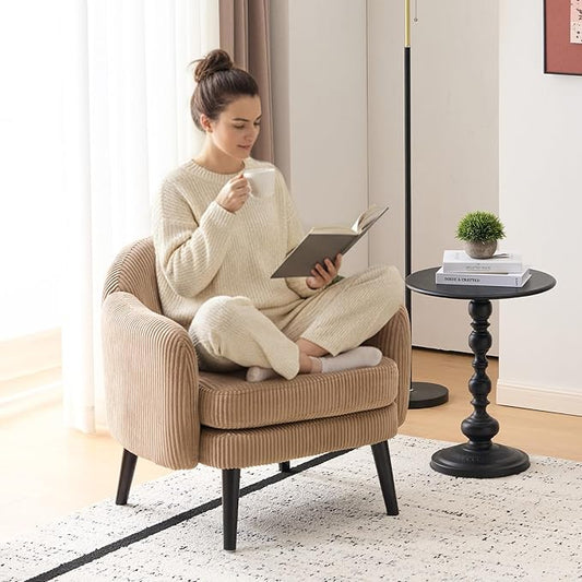 VINGLI 30.3" Wide Modern Barrel Accent Armchair with Track Armrest, Solid Wooden Legs, Comfy Upholstered Club Chair, Round Single Home Sofa for Living Room, Bedroom, Reading Room, Corduroy Khaki