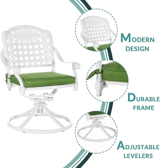 MEETWARM 9-Piece Outdoor Patio Dining Set, All-Weather Cast Aluminum Patio Conversation Set with 8 Cushioned Swivel Rocker Chairs for Backyard Garden Deck, 1 Oval Table, 2" Umbrella Hole, White