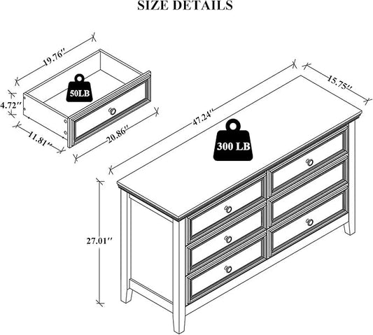Dresser for Bedroom 6 Drawers Dresser - 47.2" Wide 6 Chest of Drawers Storage Double Cabinet as Bedfoot Organizer & Wardrobe Cabinet（Antique White & Brown）
