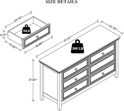 Black Dresser for Bedroom 6 Drawers Dresser - 47.2" Wide 6 Chest of Drawers Storage Double Cabinet as Bedfoot Organizer & Wardrobe Cabinet
