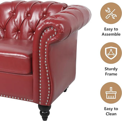 Home Sofa Living Room Furniture, 3 Seater Leather Upholstered Sofa Couch, Modern Comfy Couch with Faux Leather Cushions, Mid Century Tufted Chesterfield Sofas for Bedroom, Office, Apartment (Wine Red)