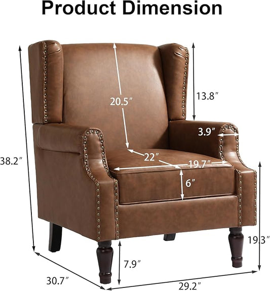 Pia Ricco High Back Floral Accent Chair - Retro Wingback Upholstered Armchair in Faux Leather, Nailhead Trim & Solid Wood Legs for Living Room Bedroom Reading Chair（Brown