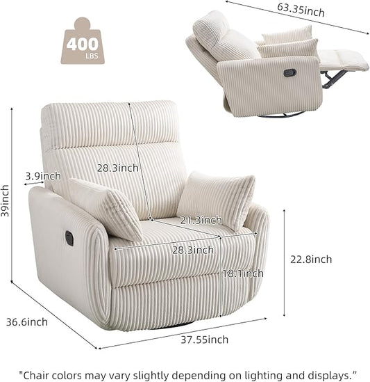 Swivel Recliner Chair for Adults, Corduroy Nursery Glider Rocking Chair, Armchair with 2 Pillows, Comfy High Back Reclining for Small Spaces, Nursery Bedroom Living Room (Corduroy Beige, 1 Pack)