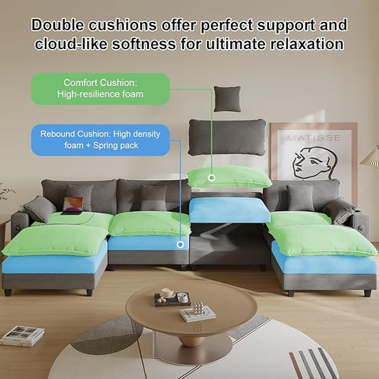 Cloud Couch, Modular Sectional Sofa with Ottoman, Charging Station, Throw Pillows, Cup Holders, Modern Convertible L Shaped Couches for Living Room, Bedroom (Grey, 152"- U Shape)